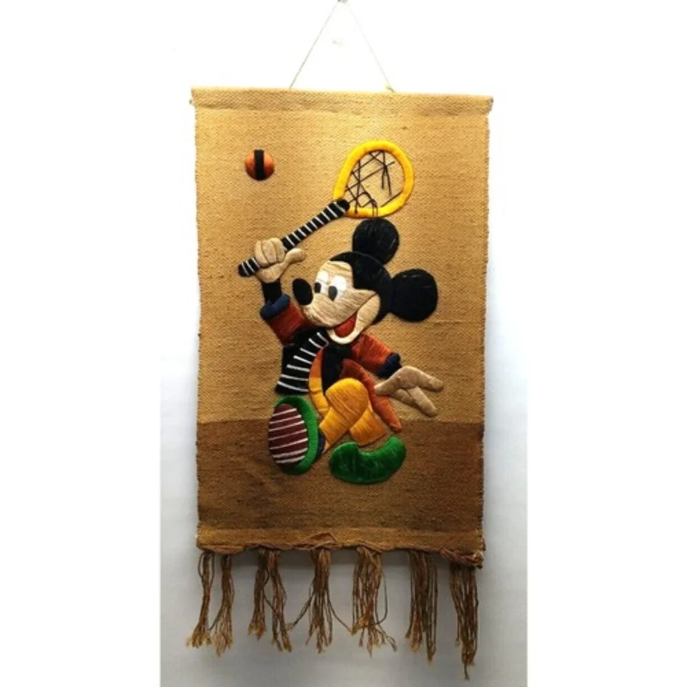 MICKEY MOUSE Woven Burlap Vintage‎ Wall Hanging Tapestry Embroidery Plays Tennis